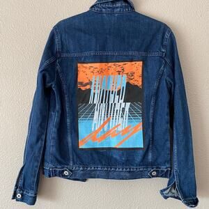 Topshop Topman Classic Fit Dark Wash Jean Another Day Graphic Denim Jacket XS